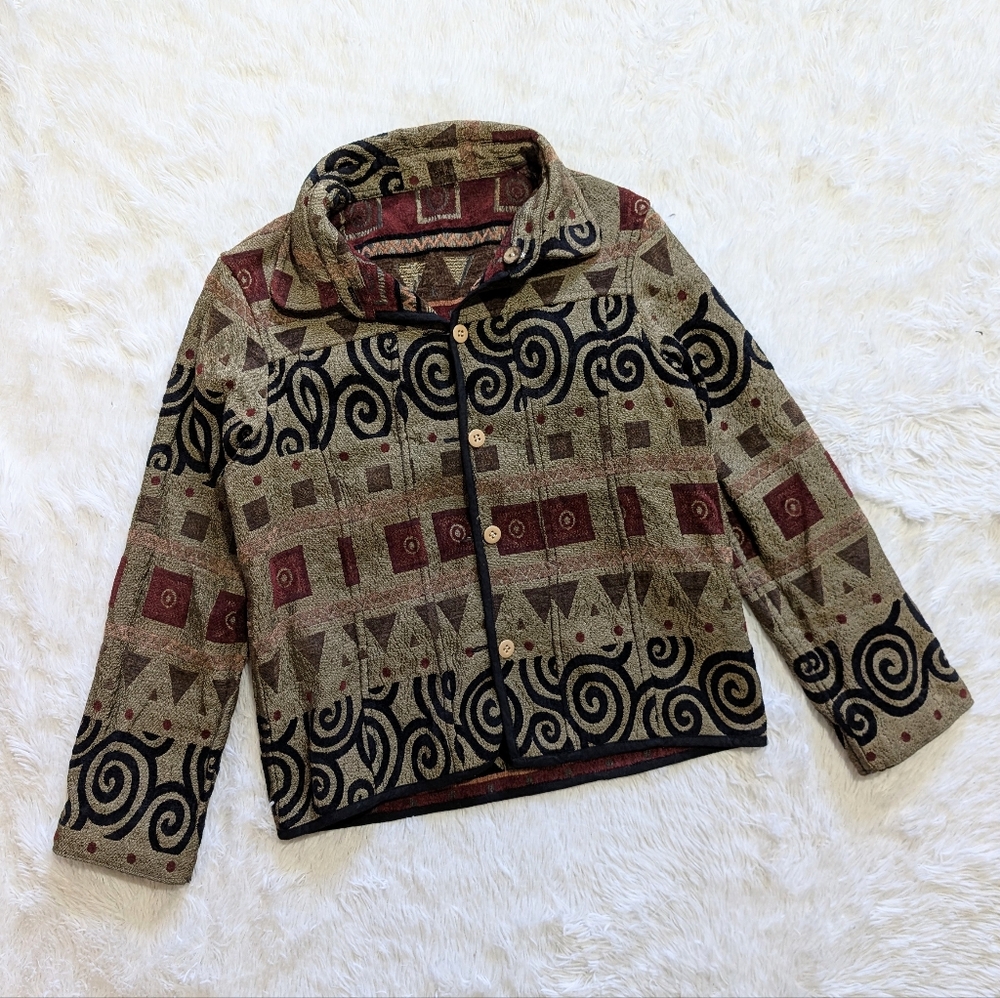90s Vintage Reversible Red, Black, & Tan Corduroy Tapestry Button Down Jacket - Picture 10 of 12